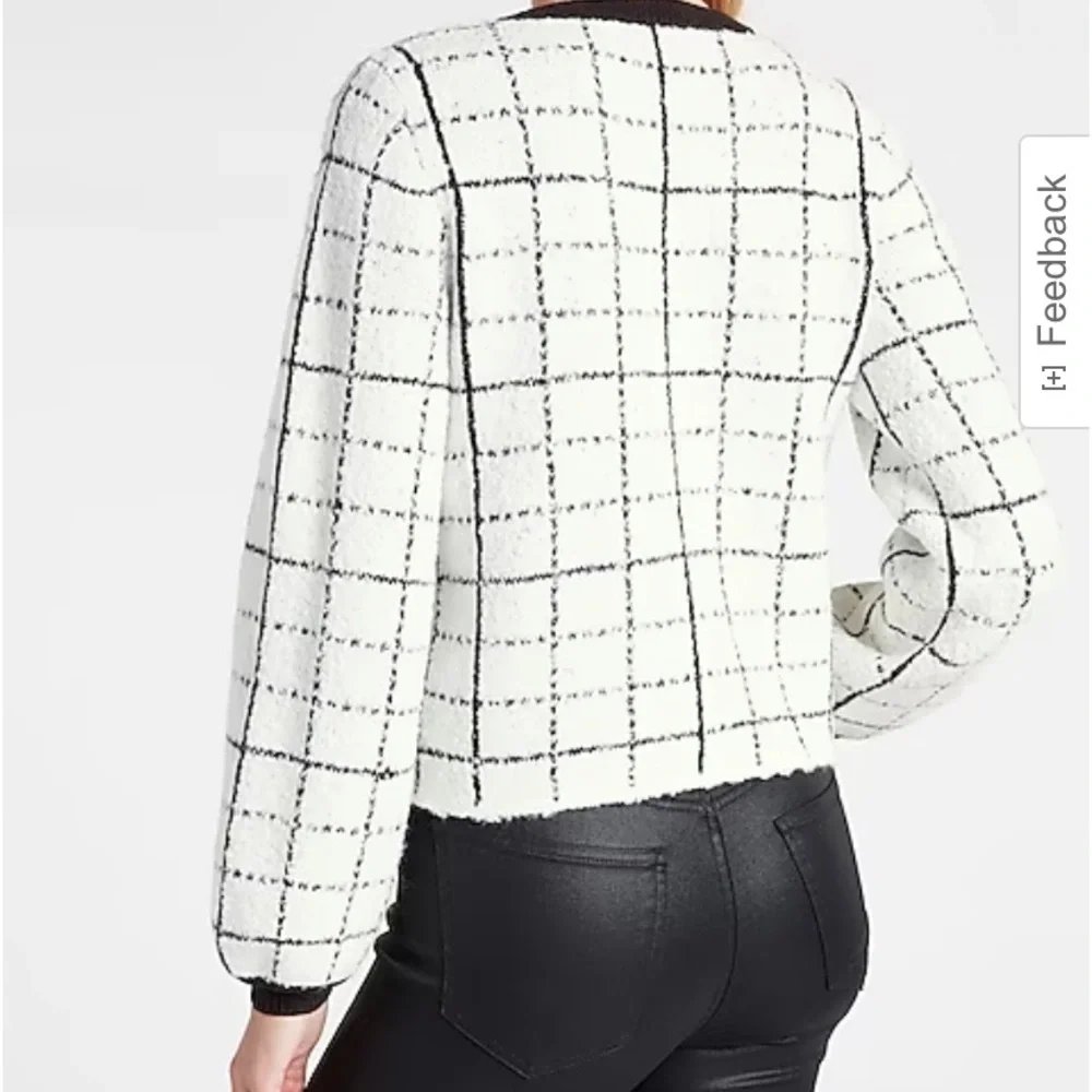“Express” Chic plaid white/black sweater jacket with novelty buttons; XS; NWOT